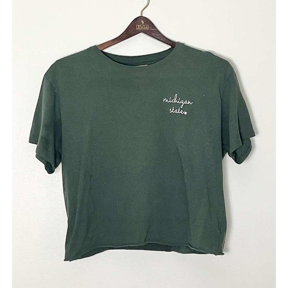 Michigan State University Crop Top Women's Large Green NCAA Spartans Script Logo